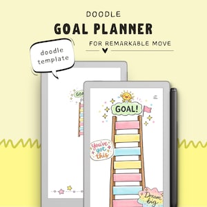 Peut inclure: Un modèle de planificateur d'objectifs numérique pour la tablette Remarkable. L'écran affiche un graphique d'échelle colorée avec le mot "GOAL!" en haut. Le texte "You've got this" et "Dream big" sont également visibles.