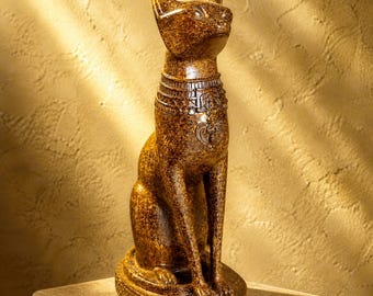Egyptian Cat Statue – Bastet Goddess Figurine, Artisan Wood Effect Resin Decor