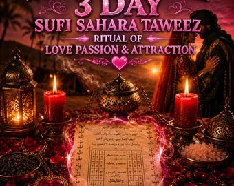 May include: An image with text that reads "POWERFUL & EXTRAORDINARY 3 DAY SUFI SAHARA TAWEZ RITUAL OF LOVE PASSION & ATTRACTION". The image features candles, a heart-shaped pendant, and a scroll with Arabic text.