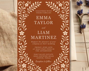 Mexican Wedding Invitation Template, Terracotta Fiesta Invite, Talavera Floral Invites, Burnt Orange Folk Art Invitation, Spanish Invite