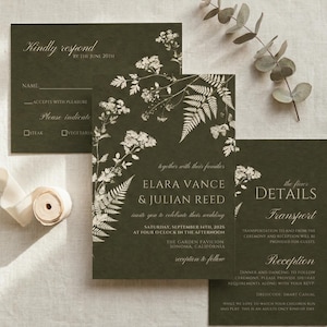 Könnte beinhalten: Dunkelgrünes Hochzeitskarten-Set mit floralen Akzenten. Enthält eine Einladung, eine RSVP-Karte und eine Detailkarte. Die Einladung zeigt die Namen Elara Vance & Julian Reed mit Veranstaltungsdetails.