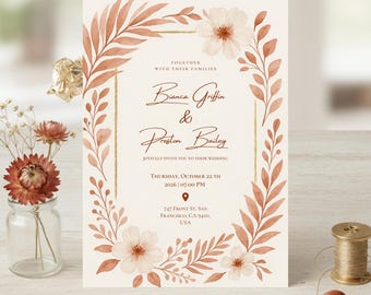 Terracotta Wedding Invitation Template, Rust Floral Invite, Boho Fall Invites, Burnt Orange Watercolor Template, Editable Autumn Invite