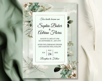 Elegant Sage Green Floral Wedding Invitation, Botanical Vintage Invite, White and Greenery Wedding, Editable Nature Romantic Wedding Invites