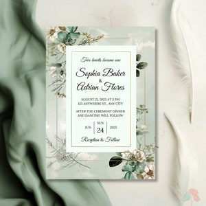 Elegant Sage Green Floral Wedding Invitation, Botanical Vintage Invite, White and Greenery Wedding, Editable Nature Romantic Wedding Invites