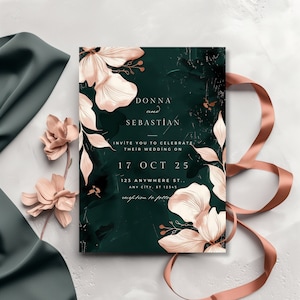 Elegante Hochzeitseinladung, Smaragdgrün und Roségold einladen, Blumen botanische einladen, dunkelgrüne und rosa Einladungen, blush bearbeitbare Vorlage