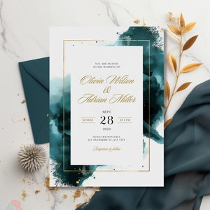 Elegant Teal and Gold Wedding Invitation, Modern Watercolor Invite, Abstract Green and Gold Design, Chic Calligraphy Invites, Template