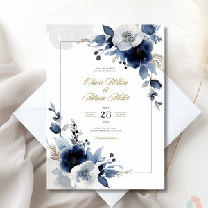 Elegante Blau-Weiß Blumenhochzeits-Einladung, Marineblau und Gold laden ein, Aquarell Blumenhochzeit laden ein, moderne klassische staubige Einladung
