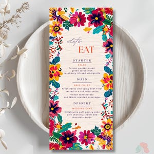 Szablon karty menu meksykańskiego, kolorowe menu kolacji weselnej, menu kwiatowe Talavera, menu weselne Boho do wydrukowania, kolorowa karta menu