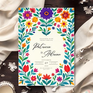Colorful Floral Invite, Mexican Wedding Invitation Template, Fiesta Wedding Invitation, Otomi Folk Art Wedding Invites, Talavera Tile Invite