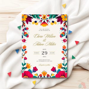 Colorful Floral Mexican Wedding Invitation, Fiesta Theme, Red Yellow Green Invitation, Colorful Spanish Invites, Talavera Floral Invite