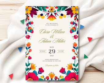 Peut inclure: Une invitation de mariage colorée avec une bordure florale. L'invitation est pour le mariage de Clara Wilson et Adam Miller le dimanche 29 septembre 2025 à 16h00 à Olivia Wilson Hall, 123 Anywhere St, Any City. Réception à suivre.