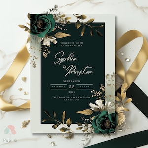 Smaragdgrüne Hochzeitseinladung, Gold und Grün Blumen lädt ein, dunkelgrüne elegante Hochzeitseinladung, bearbeitbare luxuriöse botanische Einladung