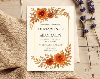 May include: Wedding invitation featuring the names Olivia Wilson and Adam Bailey, with floral accents in shades of orange and brown. The invitation includes the date, August 20th, and time, 5 PM. The design is framed with a gold border and floral elements.