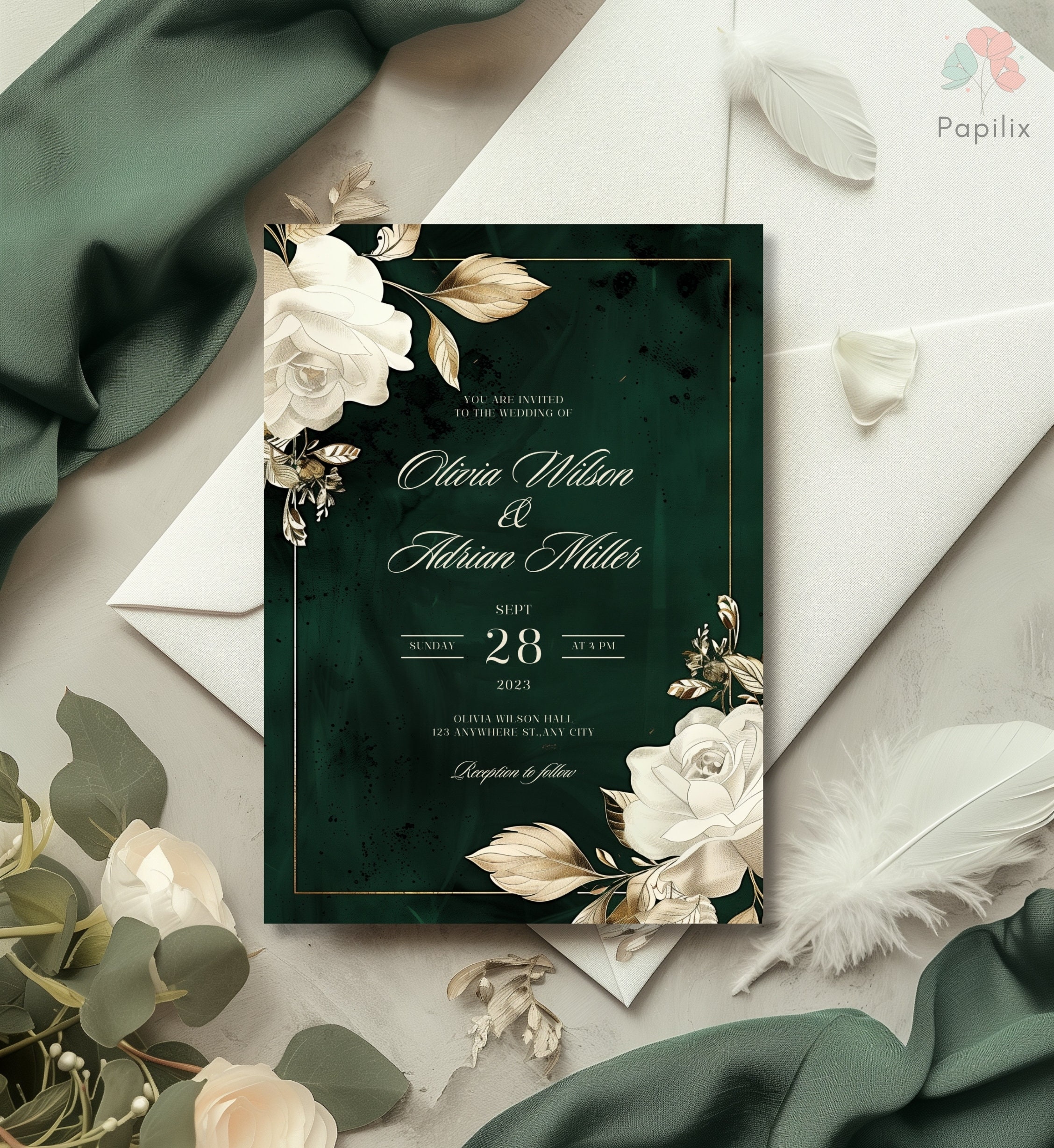 Emerald Green and Gold Floral Wedding Invitation, Elegant Greenery ...