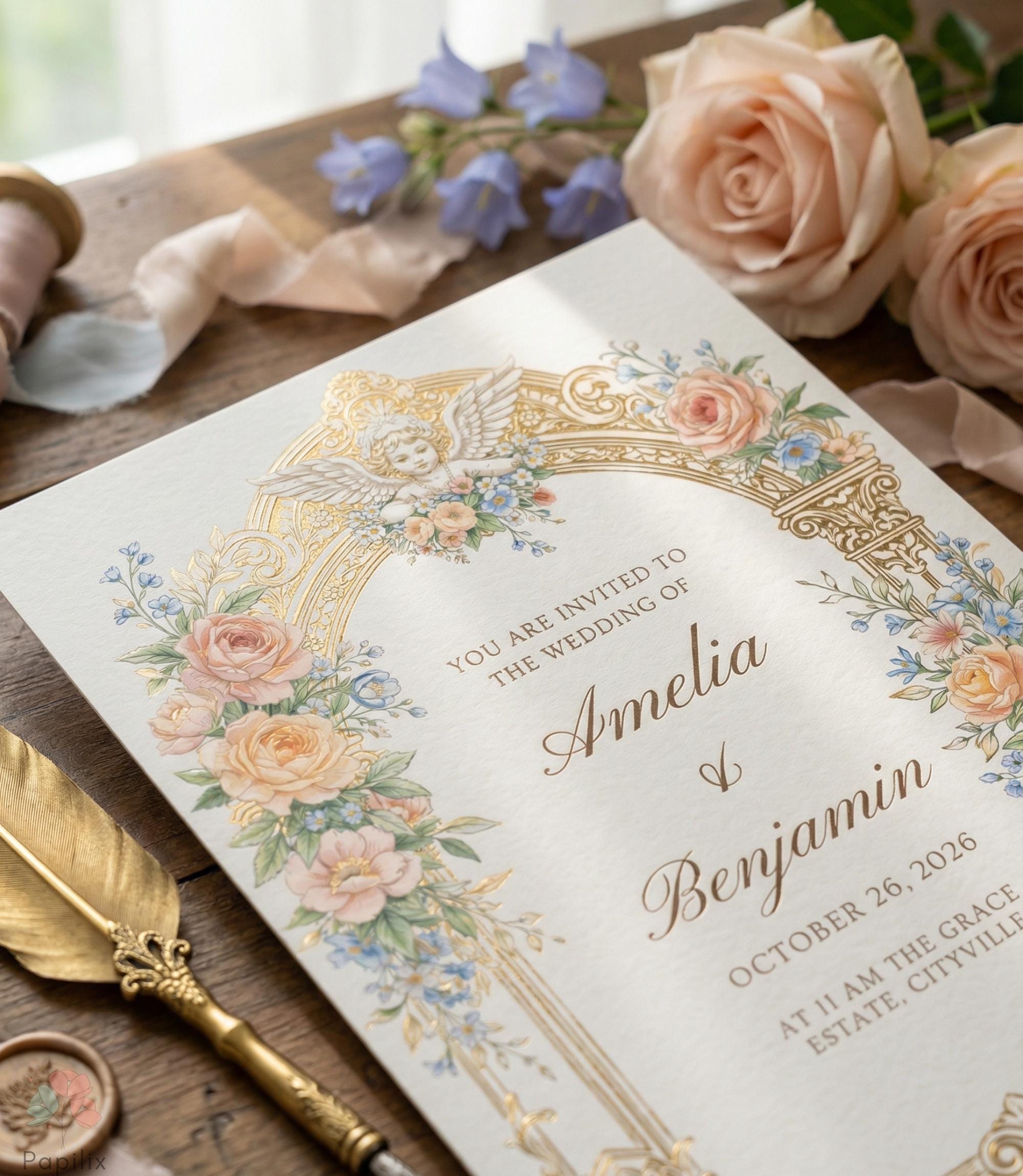 Gold Ornate Arch Wedding Invitation, Pastel Floral Cherub Invite ...