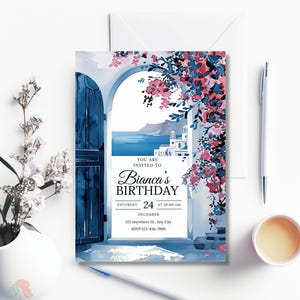 Modèle d'invitation d'anniversaire Mamma Mia, Santorin, île grecque, invitation florale bleue et rose, bougainvillier aquarelle