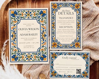 Mexican Wedding Invitation Set, Talavera Tile Fiesta Invites, Blue and Orange Floral Invitation, Spanish Theme Editable Invite Template