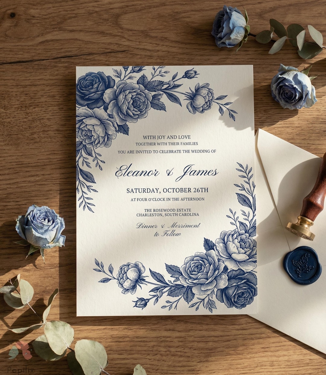 Dusty Blue Rose Wedding Invite, Indigo Botanical Invitation, Vintage ...