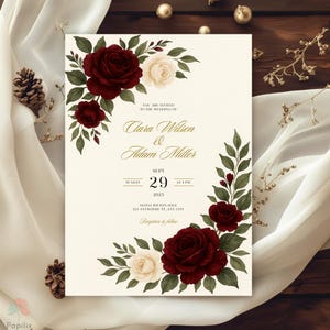 Burgundy and Ivory Wedding Invitation, Dark Red Floral Invite, Elegant Fall Wedding Invites, Romantic Rose Greenery Invitation Template