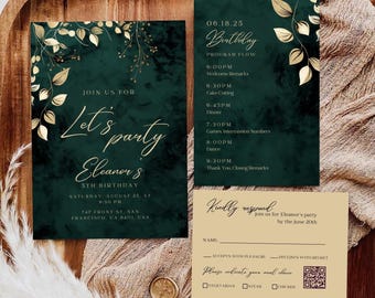 Emerald Green Birthday Invitation Set, Gold Leaf Party Invite, Elegant Adult or Kids Birthday Invites, Dark Green Glam Celebration Template