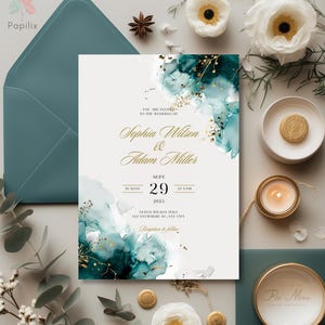Petrol Aqua Türkis minimalistische elegante moderne Aquarell Hochzeitseinladung Einladungskarte Einladungskarte