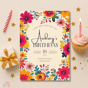 Faire-part d'anniversaire floral coloré, invitation d'anniversaire bohème lumineuse, faire-parts de garden-party rose orange jaune, carte d'anniversaire de printemps modifiable