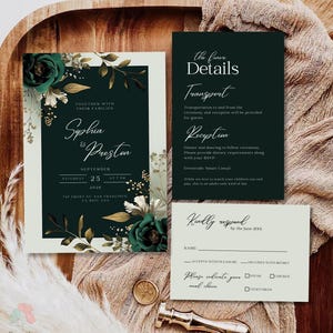 Ensemble de faire-part de mariage vert émeraude et or, verdure élégante et invitations florales, invitation automne rustique, modèle d'invitation automne vert foncé, RSVP