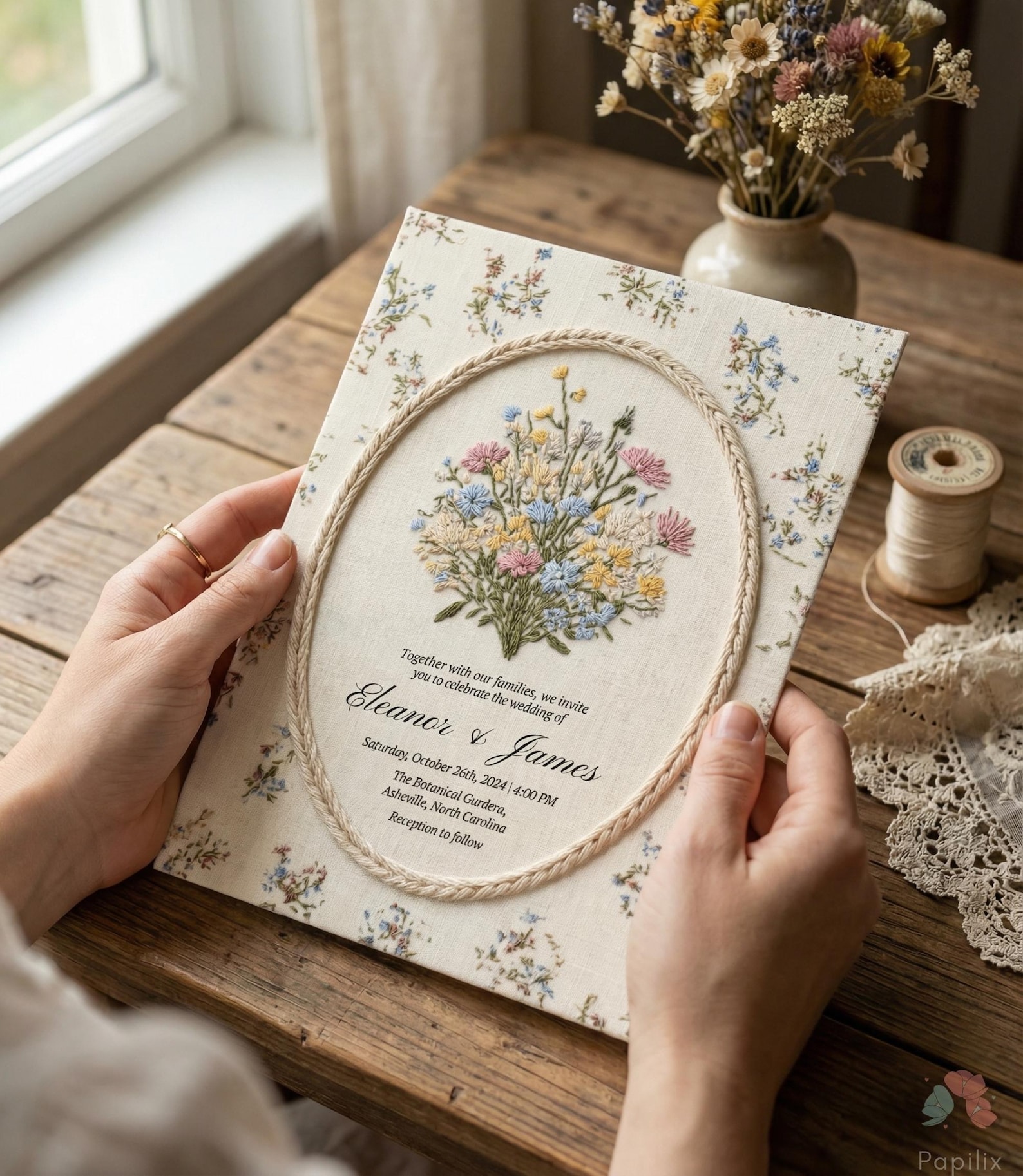 Texture Einvite Embroidered Wildflower Wedding Invite, Linen Texture Floral Invitation ...