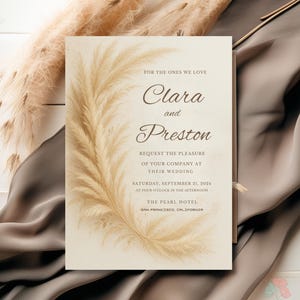 Boho Pampas Grass Wedding Invitation Template, Beige and Neutral Toned Invite, Rustic Minimalist Editable Template, Elegant Bohemian Invites