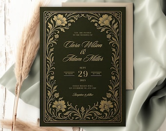 Editable Art Nouveau Wedding Invitation, Dark Green & Gold Floral Invite, Vintage Elegant Invites, Ornate Embossed Style Wedding Template