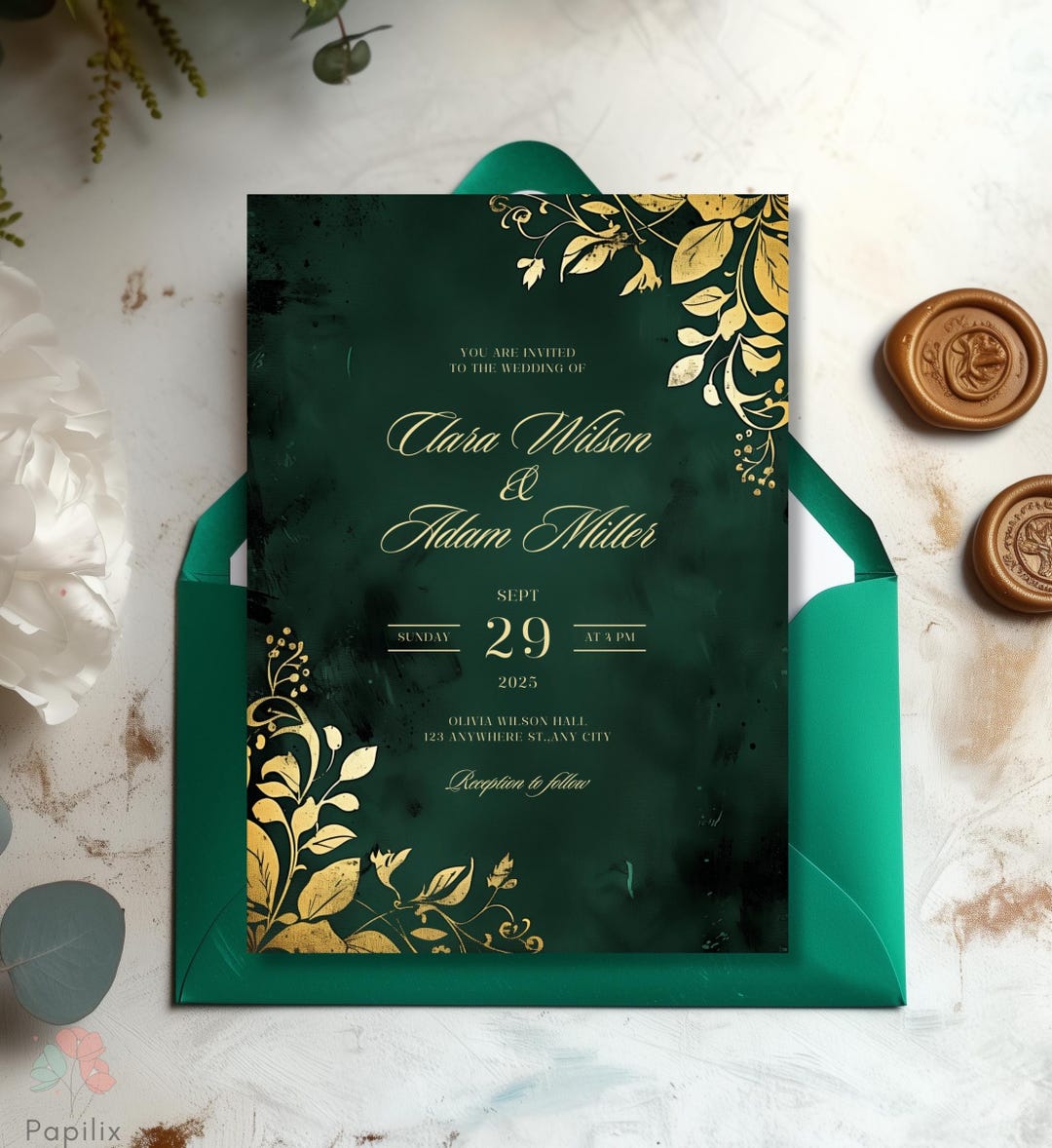 Emerald Green and Gold Floral Wedding Invitation Template, Dark Green ...