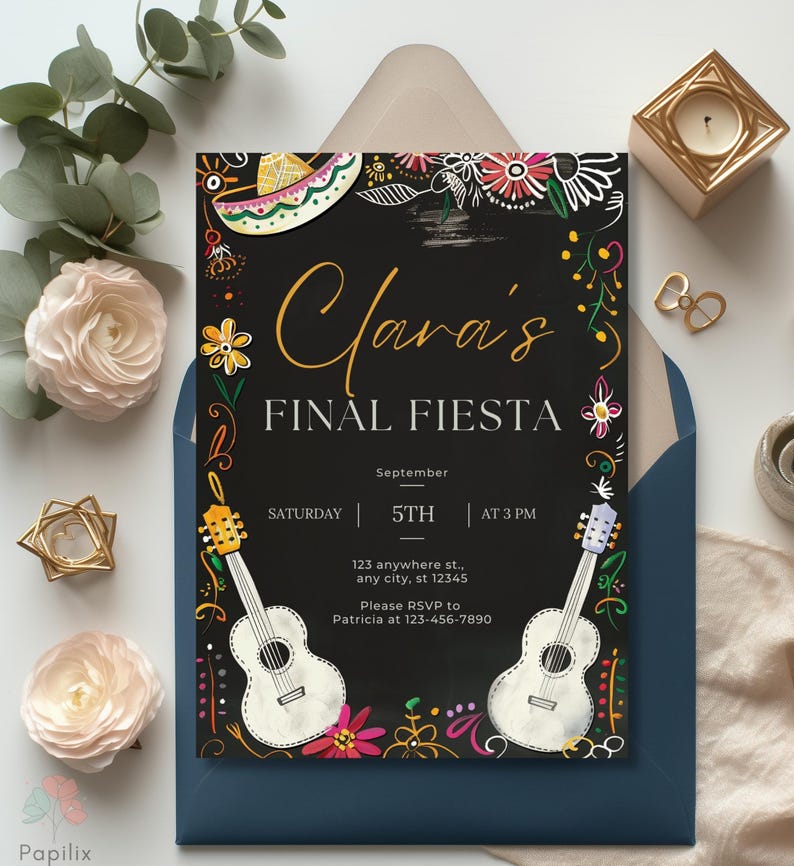Mexican Fiesta Invitation, Sombrero and Guitar Party Invite, Colorful ...