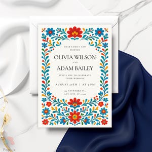 Colorful Floral Wedding Invitation, Mexican Talavera Tile Invite, Fiesta Floral Invites, Red Blue Yellow Folk Art Invite, Editable Invites