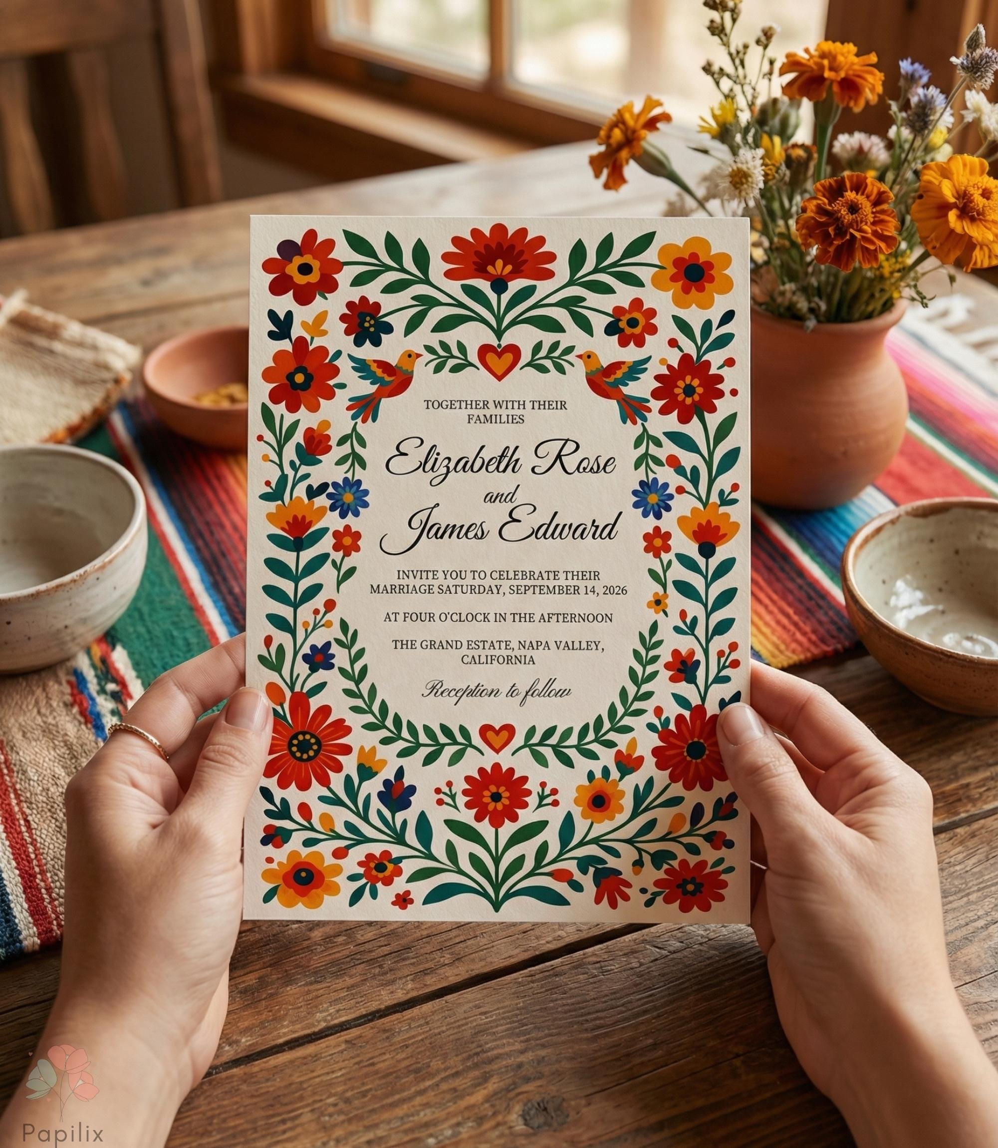 Vibrant Mexican Wedding Invitation, Traditional Otomi Style Floral ...