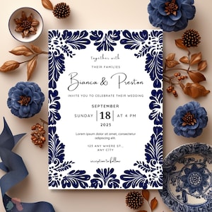 Mexikanische Hochzeitseinladung, blaue Talavera-Kachel einladen, spanische Fiesta-Einladung, bearbeitbare Blumeneinladung, blaue und weiße Hochzeit lädt ein