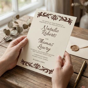 May include: A cream-colored wedding invitation with dark brown decorative flourishes and text. The invitation reads "Natalie Roberts and Thomas Lowry" with the wedding date and location. A gold pen and envelope with a wax seal are also visible.