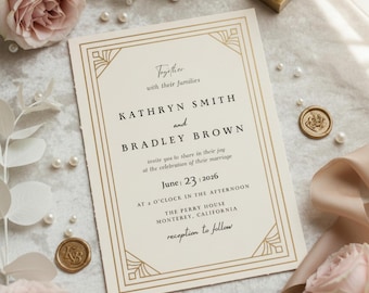 Modello di invito di nozze Art Déco, invito geometrico dorato, eleganti inviti in stile Gatsby vintage, invito minimale color crema e lamina d'oro