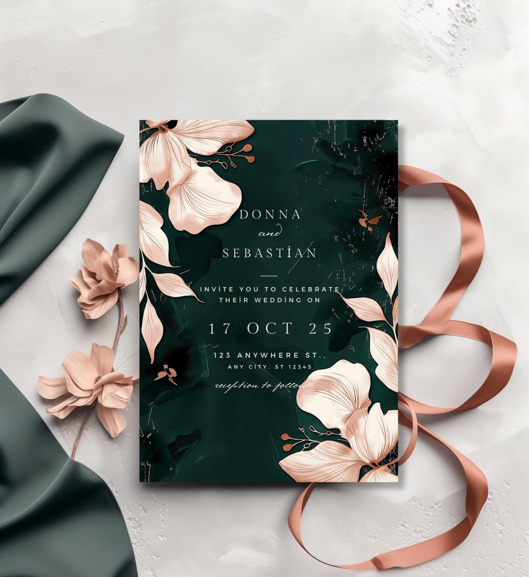Invit Rose Elegant Wedding Invitation, Emerald Green and Rose Gold Invite, Floral ...