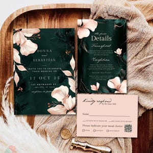 Smaragdgrüne und roségoldene Hochzeitseinladung, Dunkelgrüne Blumen-Einladung, elegantes Grün-Rosa lädt ein, stimmungsvolle Gartenparty-Einladung