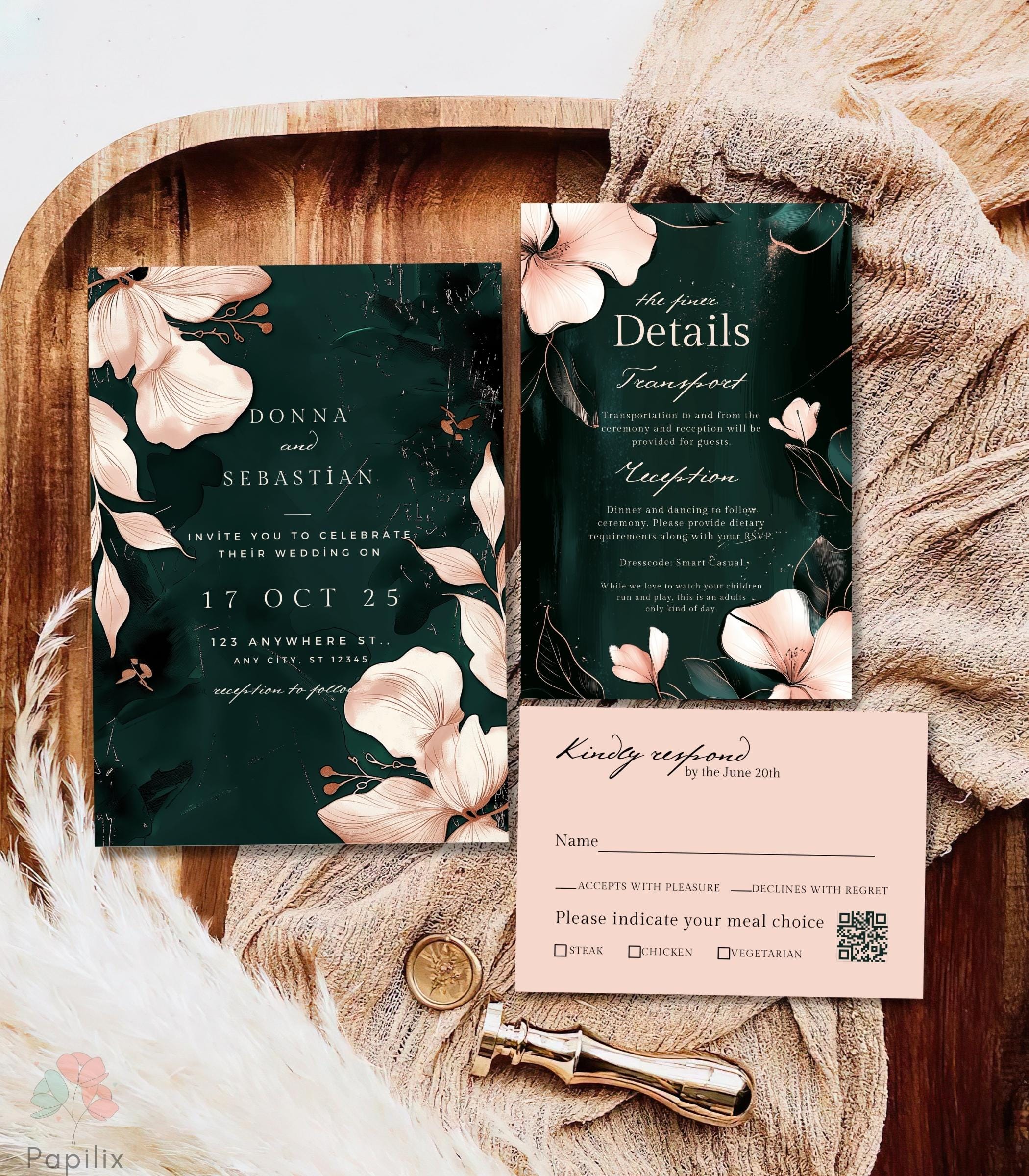 Emerald Green and Rose Gold Wedding Invitation