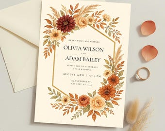 Terracotta Boho Wedding Invitation, Burnt Orange and Rust Floral Invite, Autumn Boho Watercolor Invites, Editable Fall Wedding Invitation