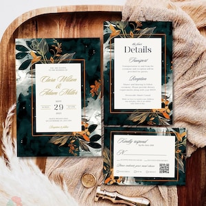 Modèle de faire-part de mariage vert émeraude et orange brûlé, invitation florale vert foncé et or, invitations botaniques élégantes, invitation rustique