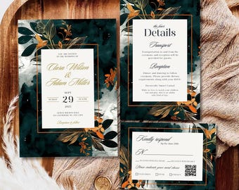 May include: A wedding invitation suite with a dark green and gold floral design. The invitation features the couple's names, wedding date, and location. The details card includes information about transportation, reception, and dress code. The RSVP card has a QR code for guests to respond.