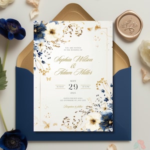 Invitación de boda con flores azules y doradas, elegante invitación en azul marino y blanco, detalles en papel dorado, diseño botánico lujoso, plantilla personalizable