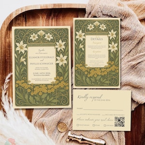 Invitaciones de boda vintage con flores verdes, estilo art nouveau botánico, amarillas y crema, RSVP editable y elegante.