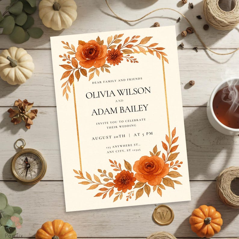 Terracotta Wedding Invitation Template, Rust Floral Invite, Burnt ...