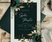 Custom Emerald Green Wedding Invitation Template, Gold & Green Floral Invites, Personalized Dark Green Elegant Invite,Editable Luxury Invite