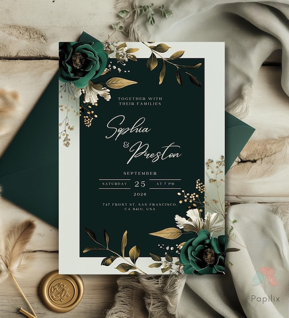 Custom Emerald Green Wedding Invitation Template, Gold & Green Floral Invites, Personalized Dark Green Elegant Invite,Editable Luxury Invite