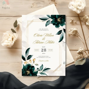 Elegante grüne Blumenhochzeits-Einladung, Smaragd und Gold, dunkle Teal Blumen, botanische, salbeigrüne, Wald einladen, grüne Hochzeit lädt ein