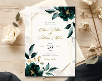 May include: Wedding invitation with a white background and gold accents. The invitation features a floral design with dark green leaves and flowers. The text reads "You are invited to the wedding of Olivia Wilson & Adrian Miller, Sunday, Sept 28, 2023 at 4 PM, Olivia Wilson Hall, 123 Anywhere St, Any City, Reception to follow."